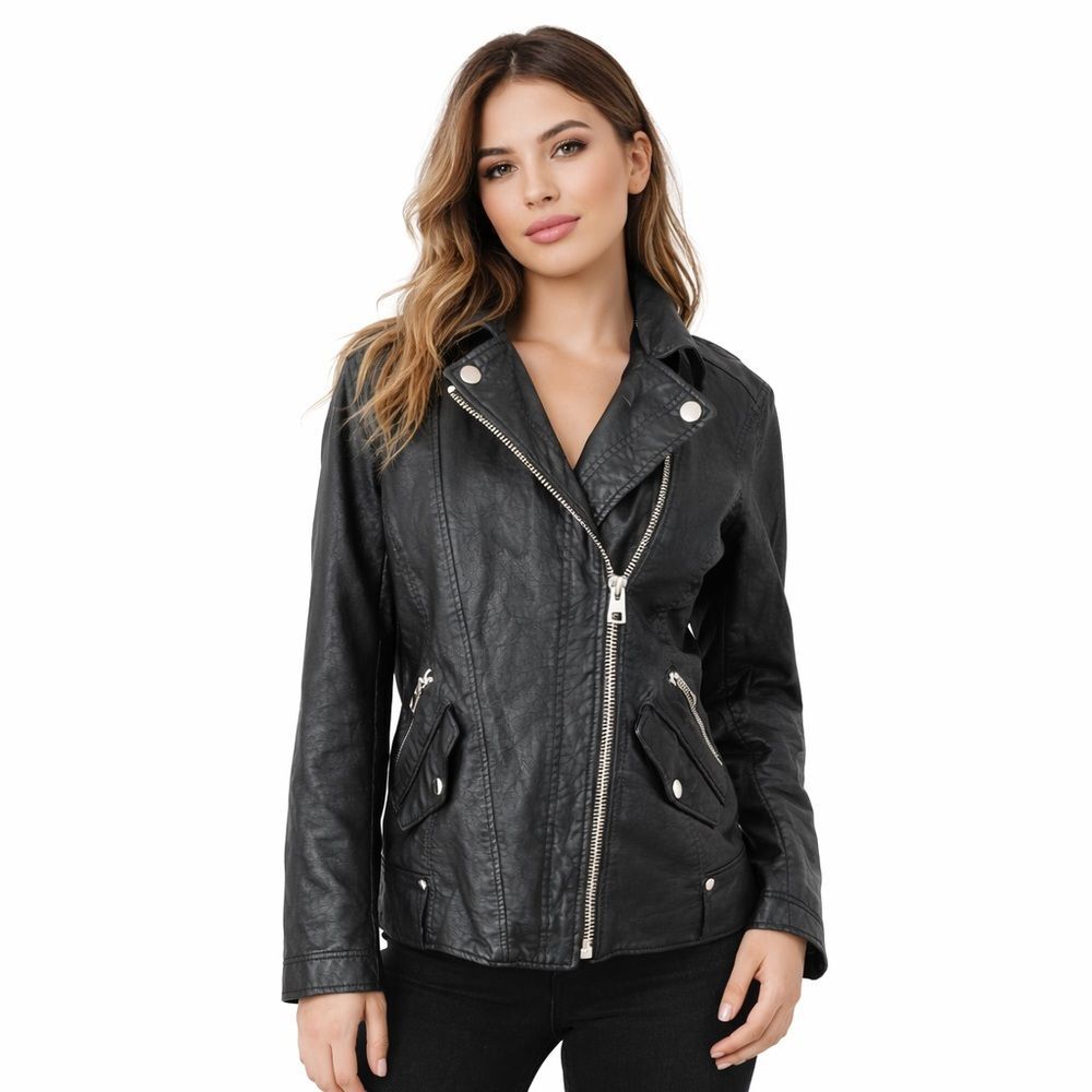 American Eagle Black Faux Leather Moto Jacket – Leopard Lined – Women’s Small